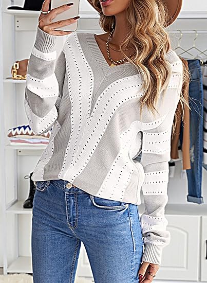 Women's Color Block Hollow Out Deep V-Neck Loose Knit Sweater