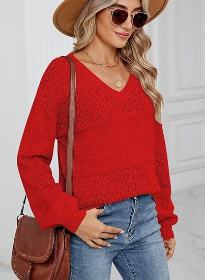 Women's Solid Color Hollow Out Crochet V-Neck Loose Knit Sweater