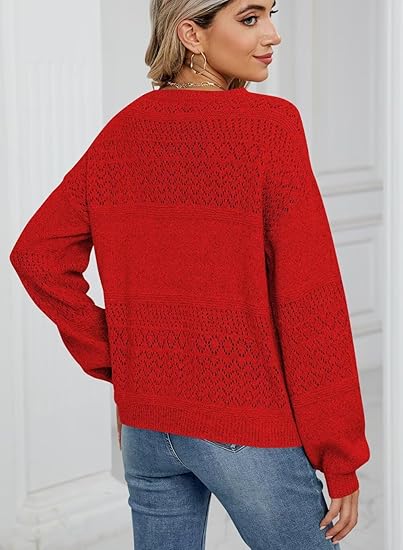 Women's Solid Color Hollow Out Crochet V-Neck Loose Knit Sweater