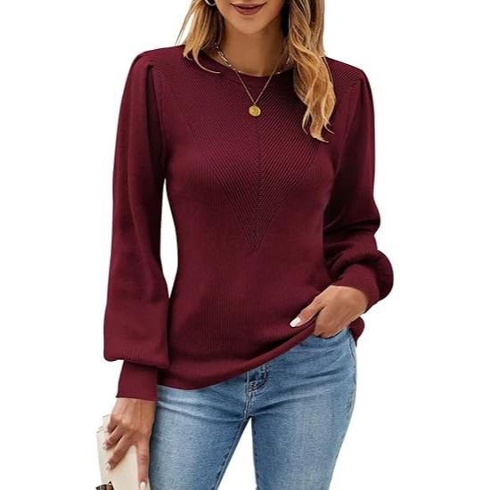Women's Classic Crew Neck Ribbed Knit Long Sleeve Sweater