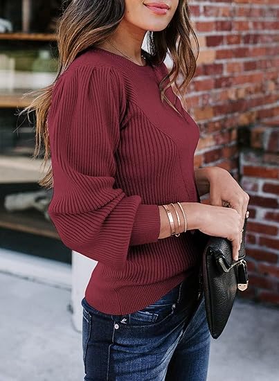 Women's Classic Crew Neck Ribbed Knit Long Sleeve Sweater