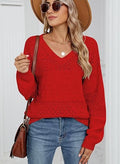 Women's Solid Color Hollow Out Crochet V-Neck Loose Knit Sweater