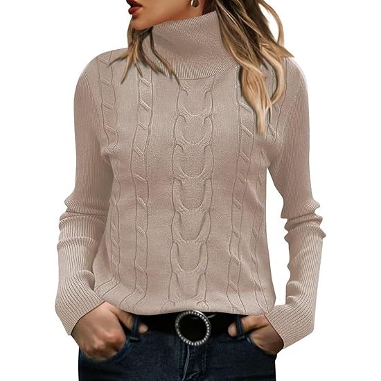 Women's Cable Knit Turtleneck Ribbed Long Sleeve Sweater