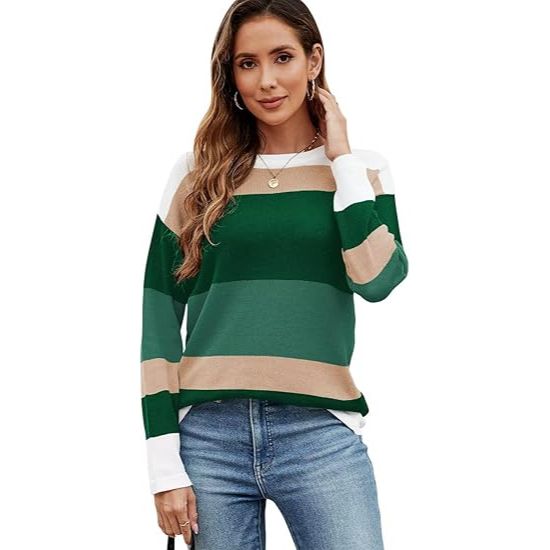 Women's Color Block Striped Crew Neck Loose Knit Sweater