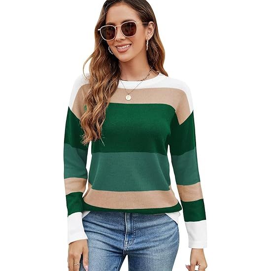 Women's Color Block Striped Crew Neck Loose Knit Sweater