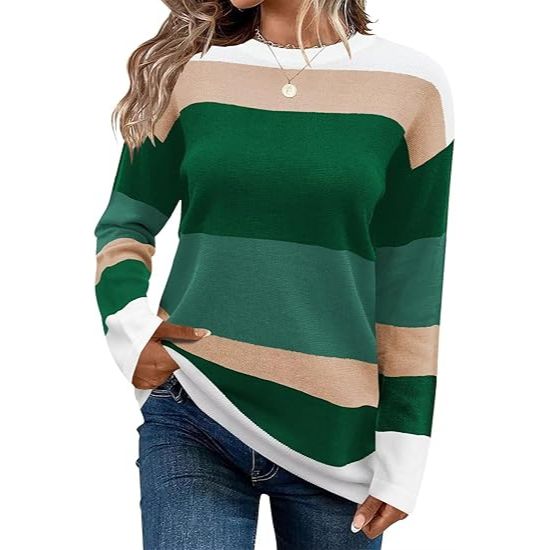 Women's Color Block Striped Crew Neck Loose Knit Sweater