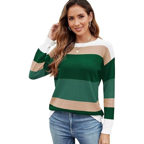 Women's Color Block Striped Crew Neck Loose Knit Sweater